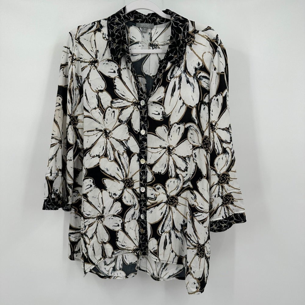 Habitat Womens Monochrome Bold Floral Top Size M Oversized Artsy Botanical